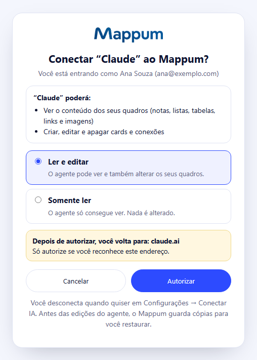 Tela de autorização do Mappum para conectar o Claude