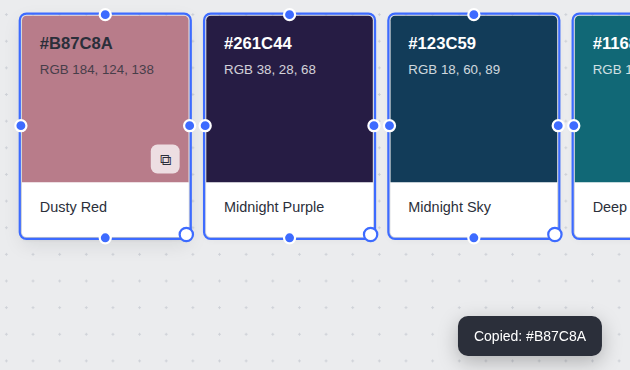 Color card with the copy button and the Copied message at the bottom of the screen