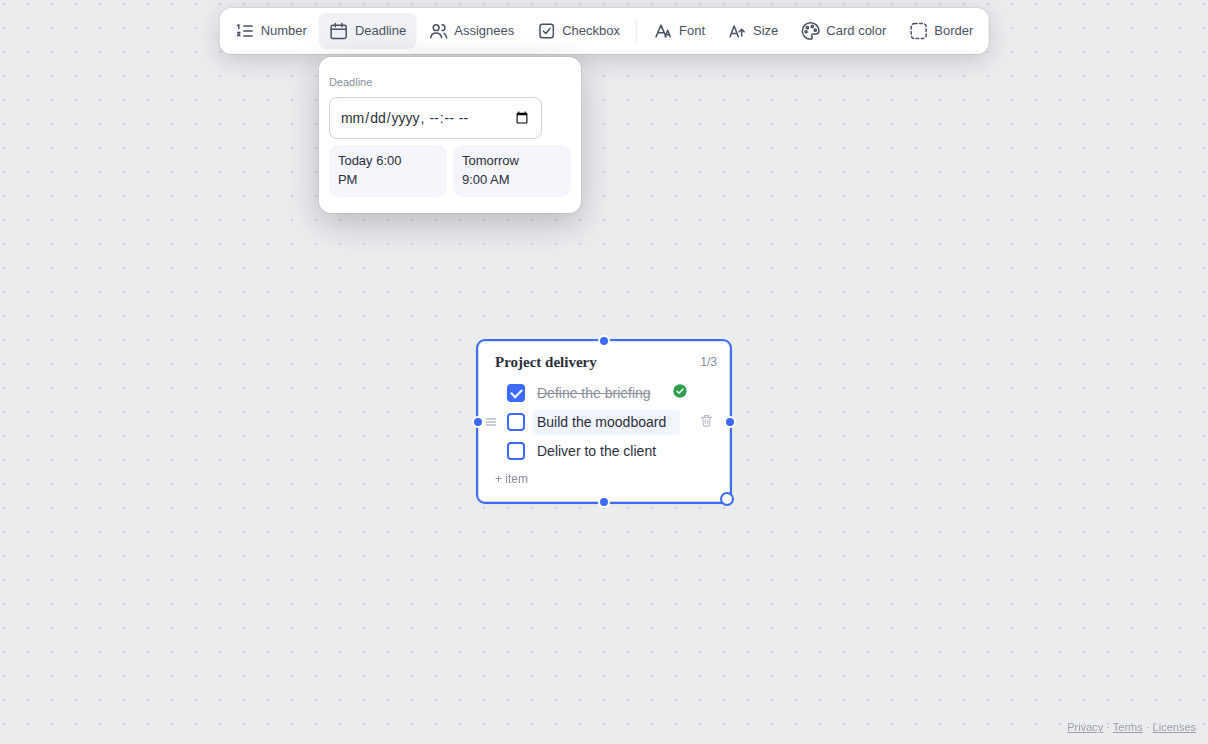 Deadline panel open with the date and time field and the Today and Tomorrow shortcuts