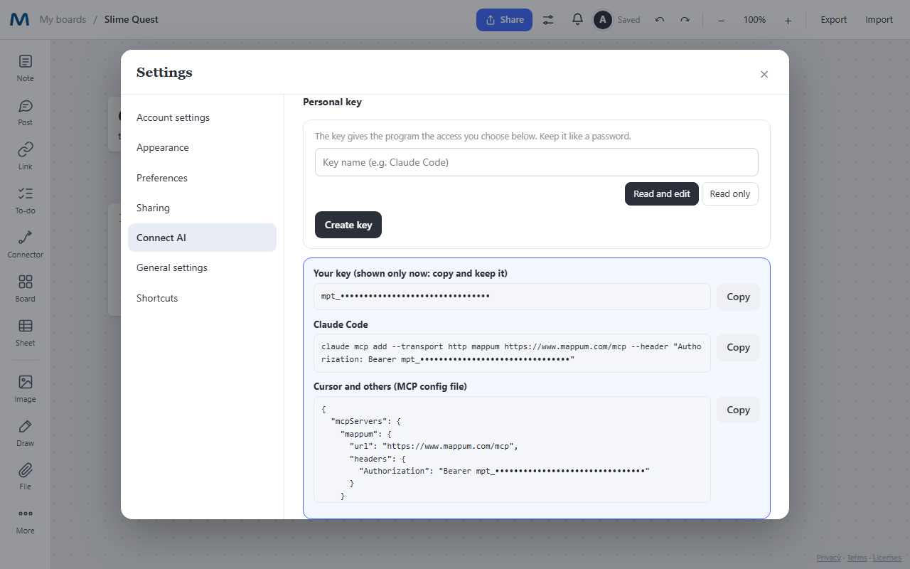Personal key created in the Mappum settings, with ready-made commands