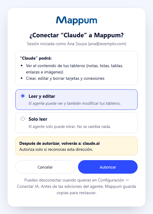 Pantalla de autorización de Mappum para conectar Claude