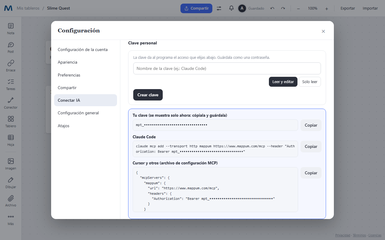 Clave personal creada en la configuración de Mappum, con los comandos listos