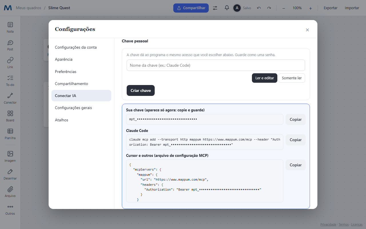 Chave pessoal criada nas configurações do Mappum, com os comandos prontos