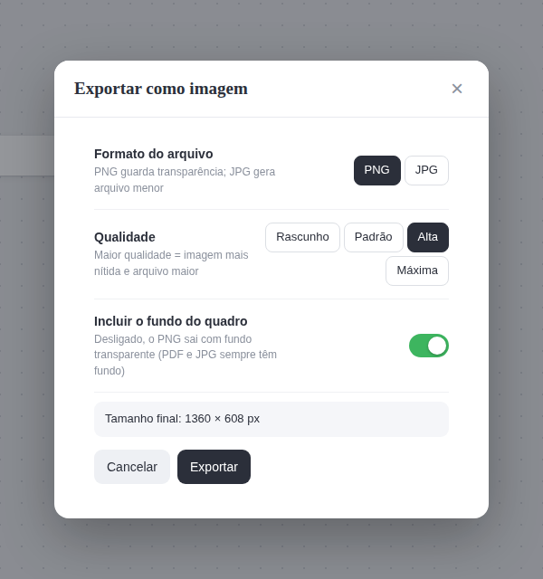 Janela Exportar como imagem com formato, qualidade, fundo e tamanho final