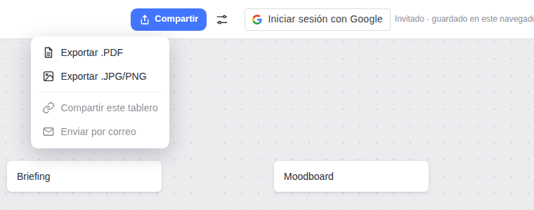 Menú Compartir de Mappum con las opciones Exportar PDF y Exportar JPG/PNG