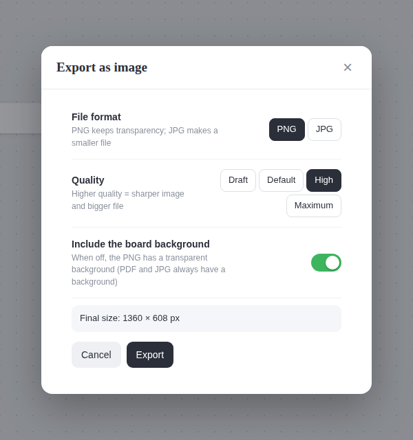 Export as image window with format, quality, background and final size