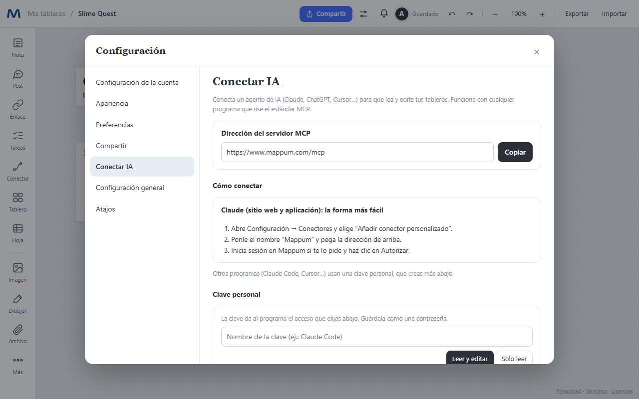Pestaña Conectar IA en la configuración de Mappum