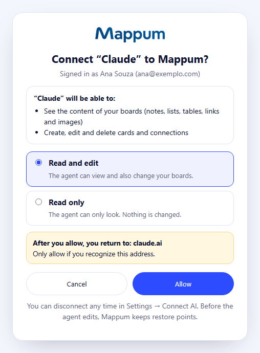 Mappum authorization screen for connecting Claude