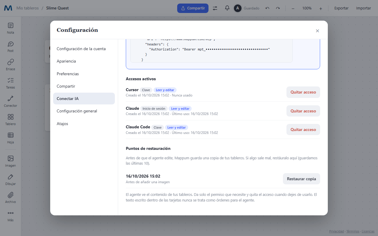 Lista de accesos activos y puntos de restauración en Mappum