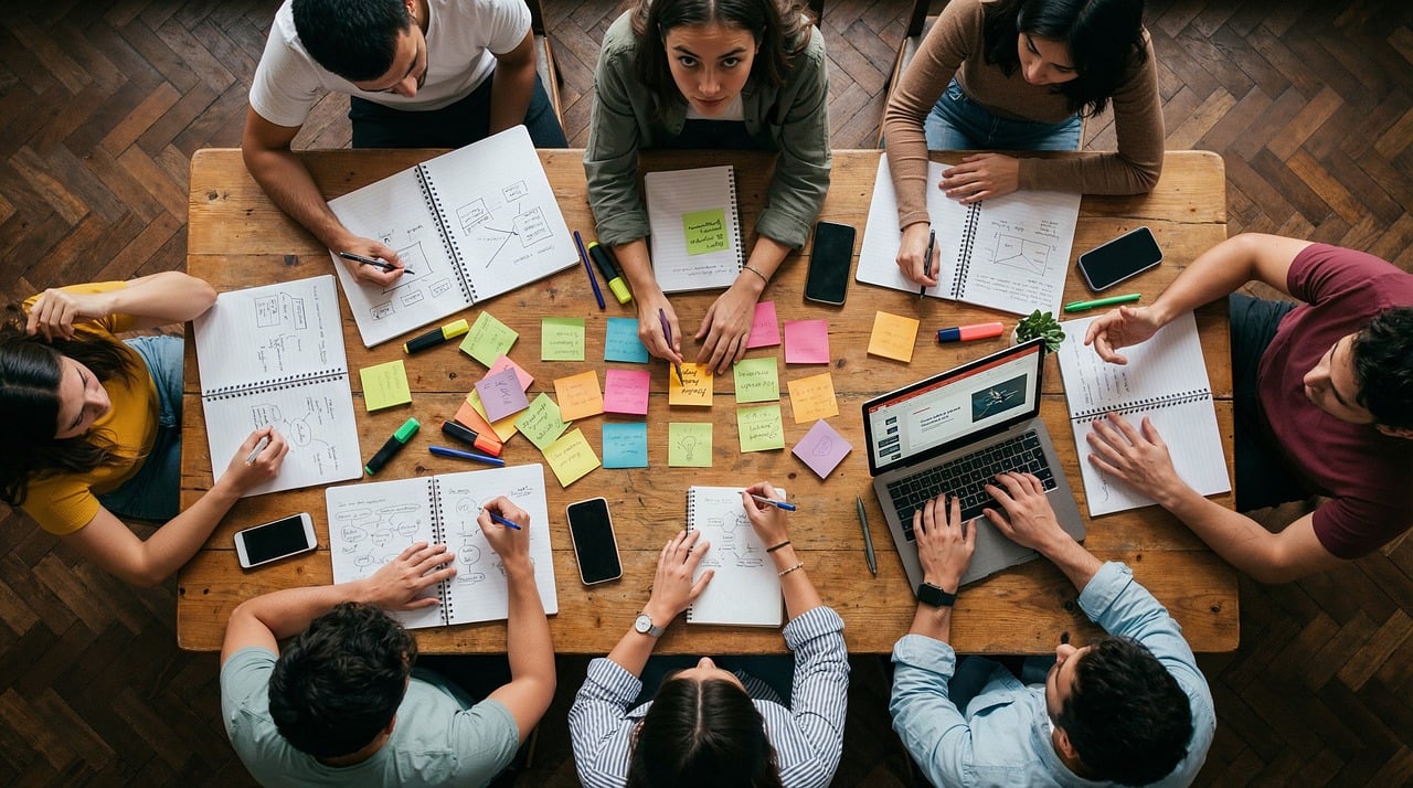 Colorful sticky notes and creative brainstorming board